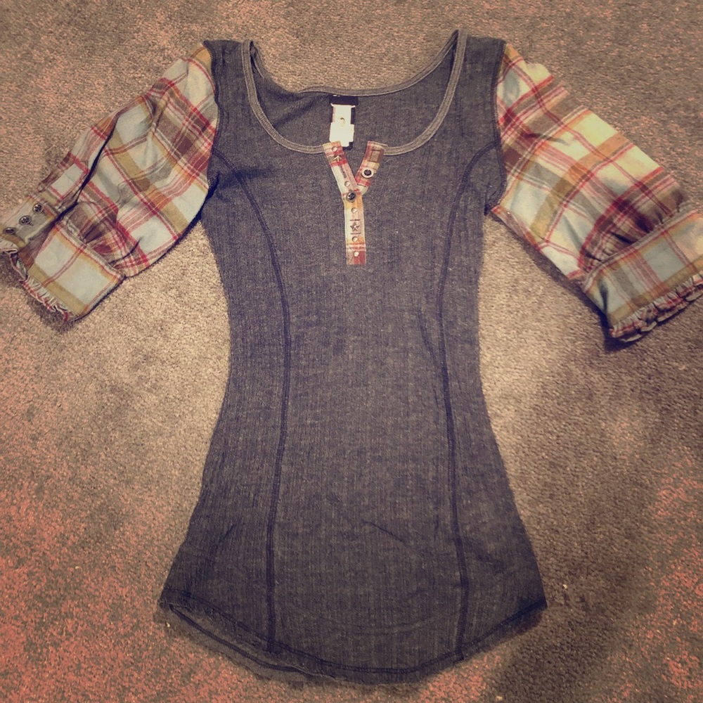 Free People 3/4 sleeve plaid shirt Medium